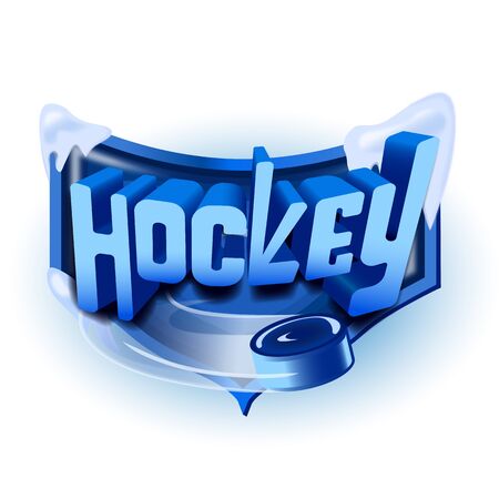 Three-dimensional blue with the inscription Hockey on the background of the shield. A blue hockey puck flies out from under the text.のイラスト素材