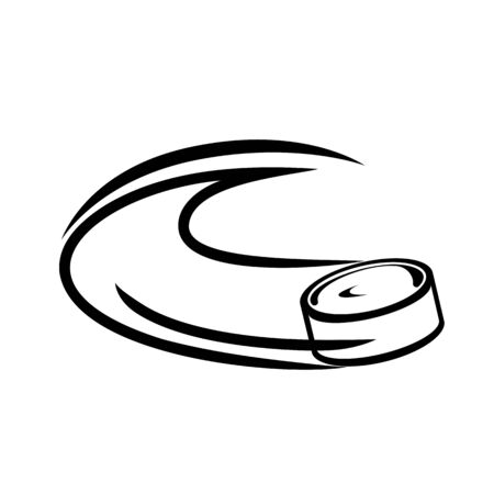 Vector illustration of a hockey puck in outline style flying along a trajectory with acceleration on isolated backgroundのイラスト素材