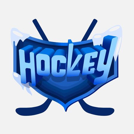 Three-dimensional blue with the inscription Hockey on the background of the shield. Behind the shield are placed crosswise hockey sticks.のイラスト素材