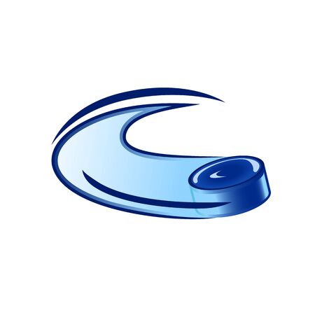 Vector illustration of a blue hockey puck flying along a trajectory with acceleration on isolated background.のイラスト素材