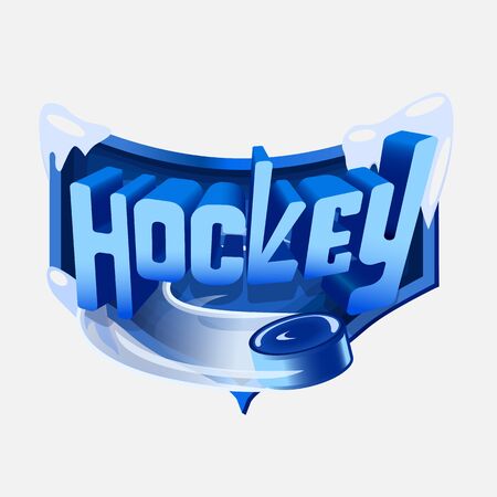 Volumetric blue with the inscription Hockey on the background of the shield. A blue hockey puck flies out from under the text.のイラスト素材