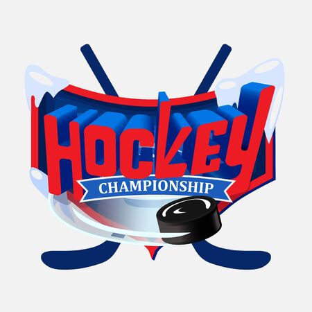 Three-dimensional der and blue with the inscription Hockey championship on the background of the shield. Behind the shield are placed crosswise hockey sticks and hockey puck flies out from under the text.のイラスト素材