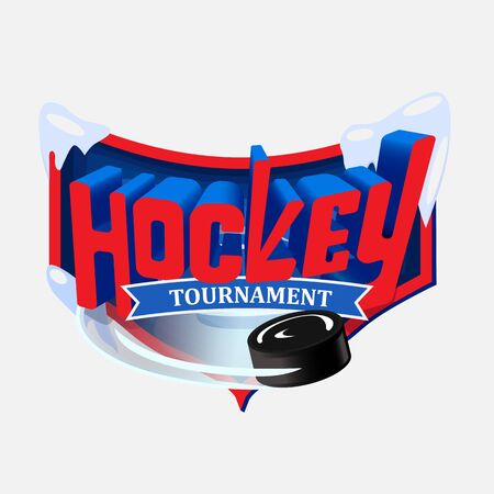 Three-dimensional red and blue with the inscription Hockey tournament on the background of the shield. A black hockey puck flies out from under the textのイラスト素材