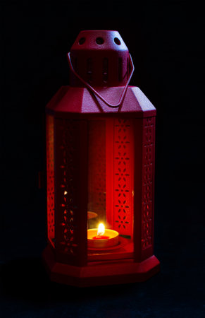 Burning red lantern under the light of the moon on a dark blue backgroundの写真素材