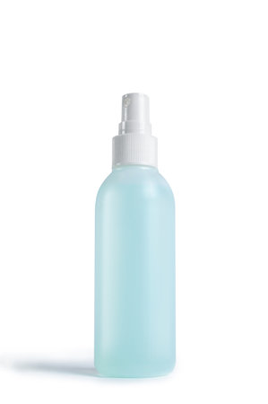 Disinfectant spray bottle with spray. Container for disinfectants with a spray dispenser. Security in the context of an epidemic and pandemic. Photo isolated on white with clipping path maskの写真素材