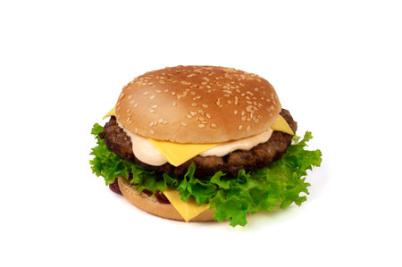 Tasty hamburger or cheeseburger isolated on white background closeupの写真素材