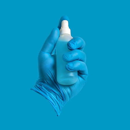 A gloved hand holds a spray bottle with a sanitizer on a blue background. Medical background. Take care. Stay at home.の写真素材