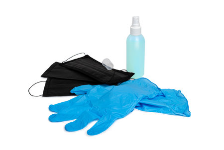 Medical white background. Medical mask, sanitizer gel and lab gloves. Virus protection equipment. Asian ncov . Novel  2019-nCoV. disposable gloves and mask isolated  white.   maskの写真素材