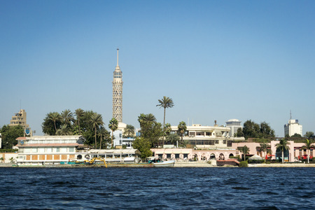 TV tower and boats on the river Nile, Cairo, Egyptのeditorial素材
