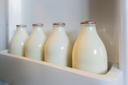 Landscape image of four glass milk bottles in a fridge door shelfの写真素材