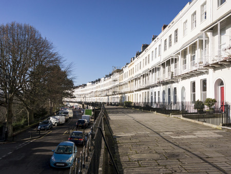 A row of terraced houses, part of the Royal York Crescent in Clifton, Bristol UK, which is reputed to be the longest Georgian crescent in Europeのeditorial素材