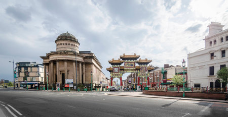 LIVERPOOL UK, MAY 6 2012: Entrance to China Town district and the Blackie, old congregational church in Liverpool, UKのeditorial素材