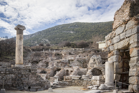 Houses on the slopes in the ancient city of Ephesus in Selcuk, Turkeyの写真素材