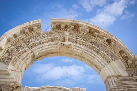Detail of the arch of the temple of Hadrian in the ancient city of Ephesus in Selcuk, Turkeyの写真素材