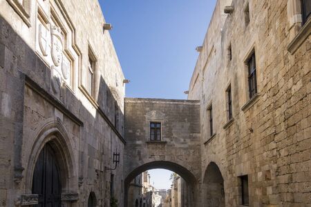 View of a street in the medieval town of Rhodes, Greeceの写真素材