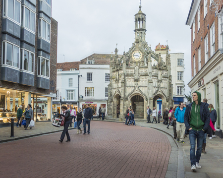 The Medieval Chichester Cross in the centre of the City of Chichester, West Sussex. Built in the fifteenth century as a shelter for traders, now a landmark at a cross roads.のeditorial素材