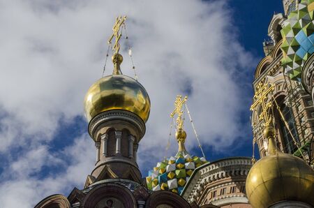 Crosses and domes on the church of the Savior on Spilled Blood in St. Petersburg, Russiaの写真素材