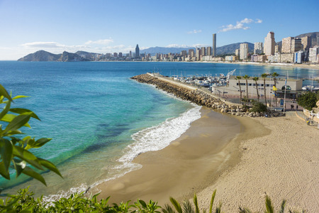 View of the coastline of Old Town and Poniente Beaches, Benidorm, Alicante, Spainの写真素材