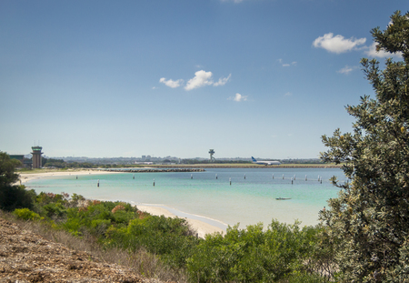 View of the runway at Sydney Airport with Botany Bay in the foreground, Australiaのeditorial素材