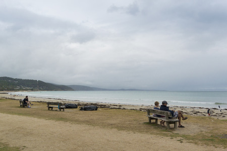 Tourists at he beach at Lorne on the Great Ocean Road, Victoria Australiaのeditorial素材