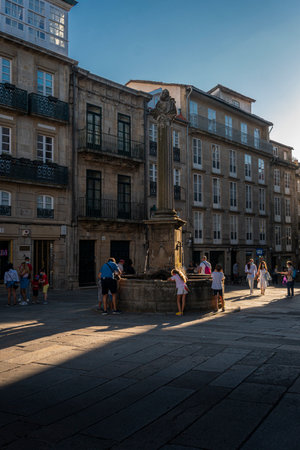 Water fountain in Cervantes Square in the city of Santiago de Compostela, Spainのeditorial素材