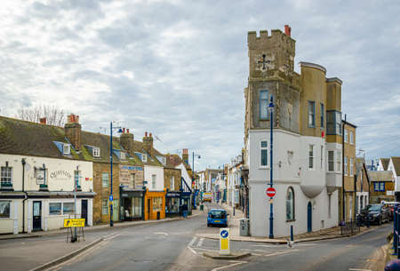Whitsable, Kent, UK, February 2021 - The junction of Harbour Street and Sea Street in the seaside...