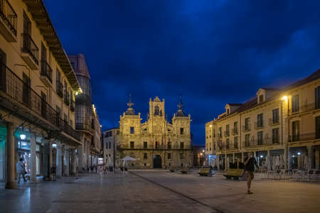 Astorga, Spain, July 2020 - Main square with 17th century Baroque  Town Hall at dusk, in the city of Astorga, Spainのeditorial素材