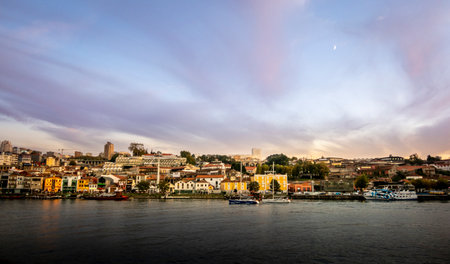 View across the River Douro from Porto, looking towards Vila Nova de Gaia, Portugal at sunsetのeditorial素材