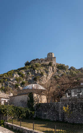 Domed roof of the madersa and fortress in Pocitelj medieval village in the Capljina municipality in Bosnia and Herzegovinaのeditorial素材