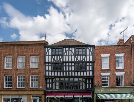 Tewkesbury, UK, May 2022 - Ancient timber-framed building in the market town of Tewkesbury in...