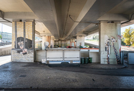 View underneath a flyover in the city of Lisbon, Portugalのeditorial素材