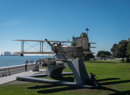 Monument to commemorate the first aerial crossing of the South Atlantic, undertaken in 1922 by two Portuguese aviators Gago Coutinho and Sacadura Cabral. The aeroplane was a British biplane, a Fairey III.のeditorial素材