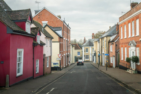 Street view of colorful buildings in the ancient town of Saffron Walden, Essex, UKのeditorial素材
