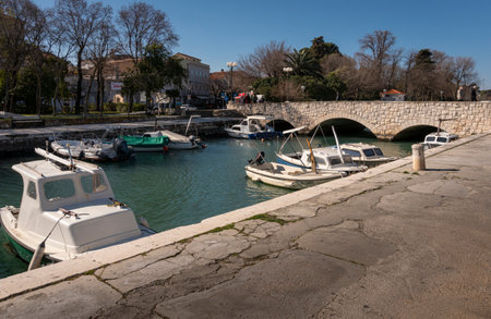Bridge and boats in Trogir, Croatiaのeditorial素材