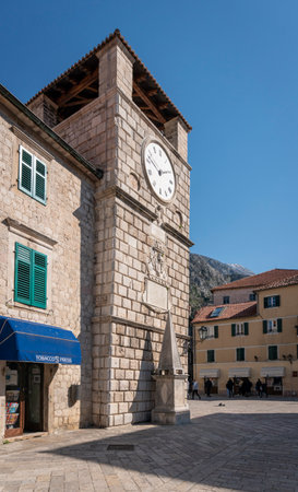 Clock tower on the square in the old town of Kotor, Montenegroのeditorial素材