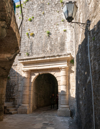 Ancient covered walkway in the Old Town Kotor, Montenegroのeditorial素材
