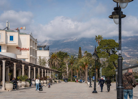 Palm tree lined promenade in the city of Budva, Montenegroのeditorial素材