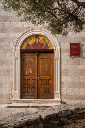 Virgin Mary mosaic and door of the Holy Trinity Church  in the Old Town of Budva, Montenegroのeditorial素材