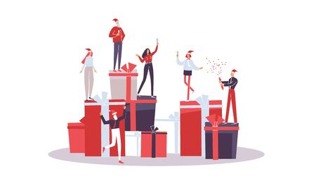 Merry Christmas. People jollify together. Composition of boxes and happy workers at corporate party. Sale concept. Company celebrates new year. Holiday vector illustration EPS10 isolated on whiteのイラスト素材