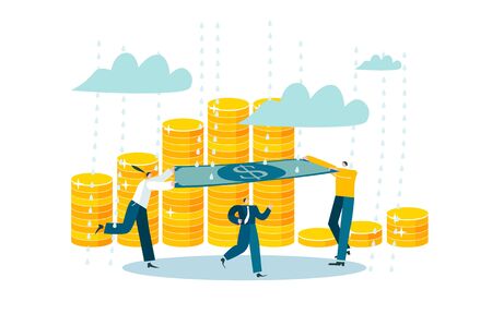Bank protects depositor funds. People support man with dollar. Company values rich client. Accident cover by insurance. Provision of paid services. Concept vector illustration EPS 10 isolated on whiteのイラスト素材