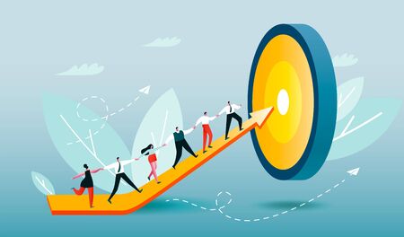 Corporate workers climb arrow to target. People rise their skills. Employees achieve goal. Team building work in progress. Conceptual vector illustration EPS 10 on light blue backgroundのイラスト素材
