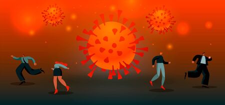Virus spreads. Coronavirus . people run from the big red virus. Concept of epidemic vector illustration EPS 10 red and black coloredのイラスト素材