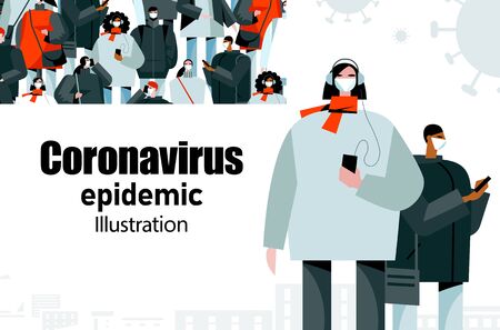 Coronavirus epidemic in world. Novel coronavirus 2019-nCoV, people of different races in a white medical face masks. Concept of quarantine vector illustrationのイラスト素材