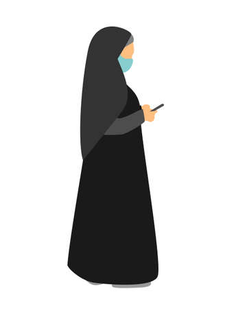 Arab woman. Full length side view in medical mask.のイラスト素材