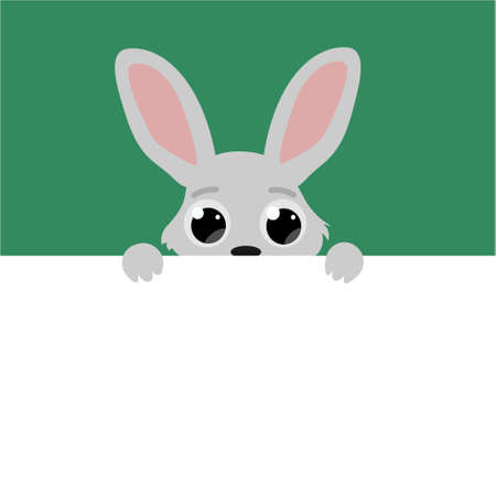 curious cute Easter Bunny with big eyes, cartoon flat vector illustration with blank banner for text poster.のイラスト素材