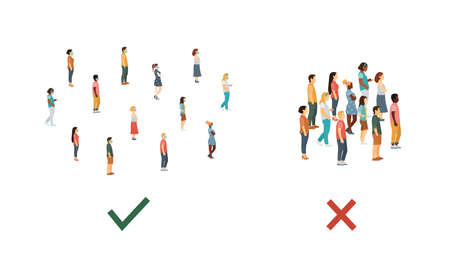 Crowd of people in medical masks at a safe distance or no distance. flat vector illustration.