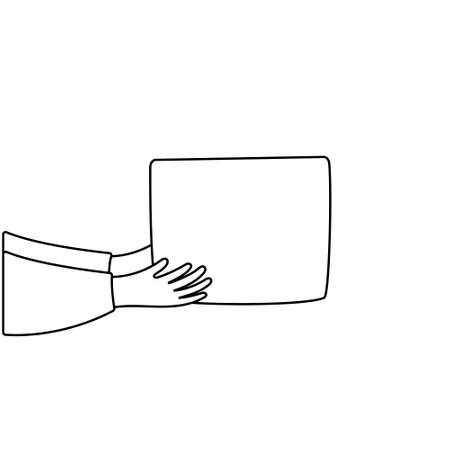 Food donation box give from hand to hand vector. Hands giving box. Delivery of the product during quarantine.Food delivery. black and white outline.のイラスト素材