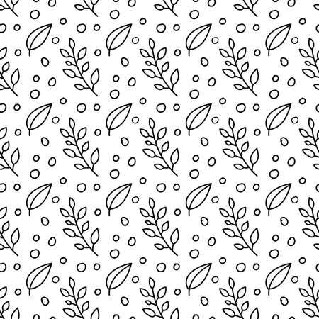 Hand drawn vector seamless pattern with floral elements. Vector pattern with leaves, twigs, branches. Black and white.のイラスト素材