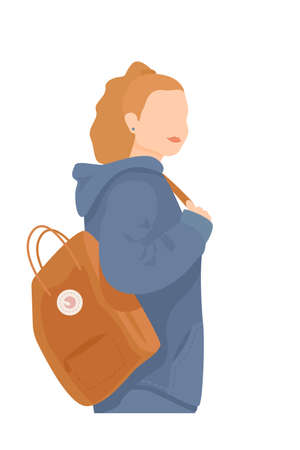 modern stylish girl woman dressed in trendy clothes with a backpack. Female cartoon character. Flat colored vector illustration.のイラスト素材