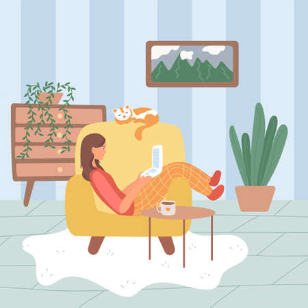 young woman girl sitting on an armchair in home clothes with laptop. what to do in quarantine. flat vector cartoon illustration.のイラスト素材
